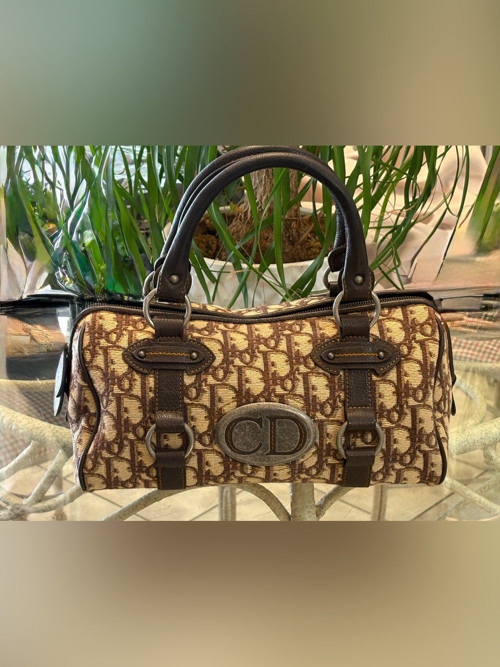 CHRISTIAN DIOR Brown Dior Logo Canvas Small East/West Boston Bag